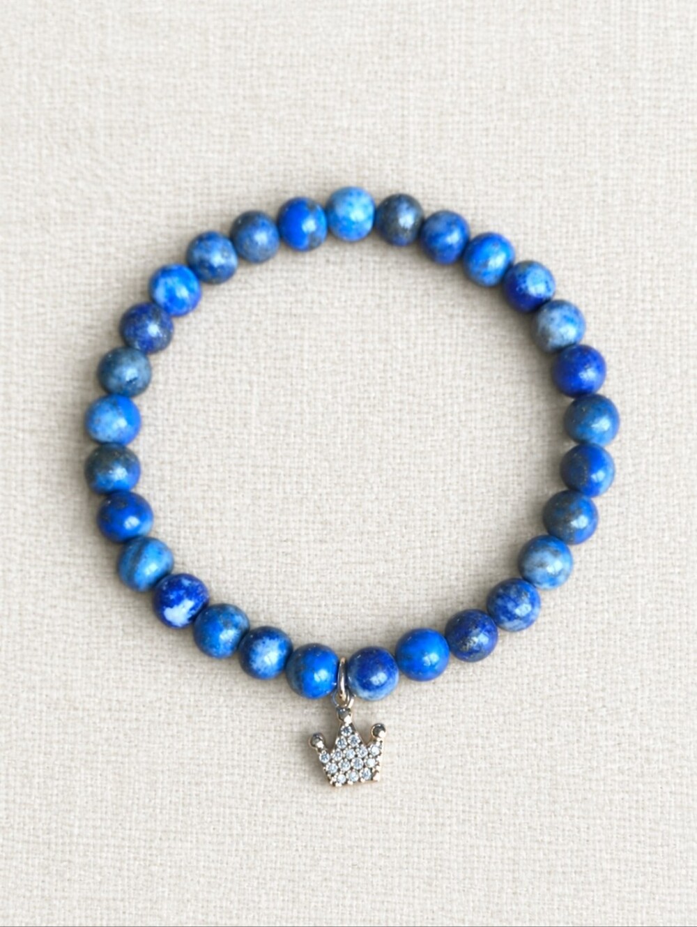 Lapis Lazuli Beaded Stretch Bracelet w/ Rhinestone Crown Charm | Handmade